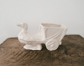 Vintage White Ceramic Duck Planter with Wagon