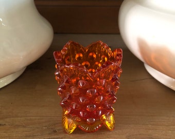 Vintage Fenton Glass Orange Hobnail Toothpick Holder