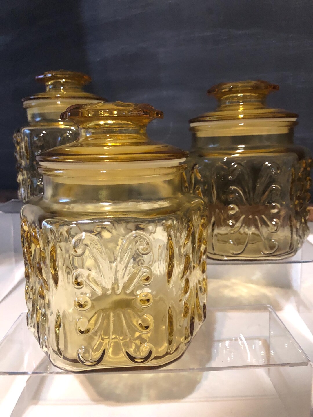 Vintage L E Smith Atterbury Scroll Sun Gold Imperial Glass Apothecary vintage-l-e-smith-atterbury-scroll-sun-gold-imperial-glass-apothecary