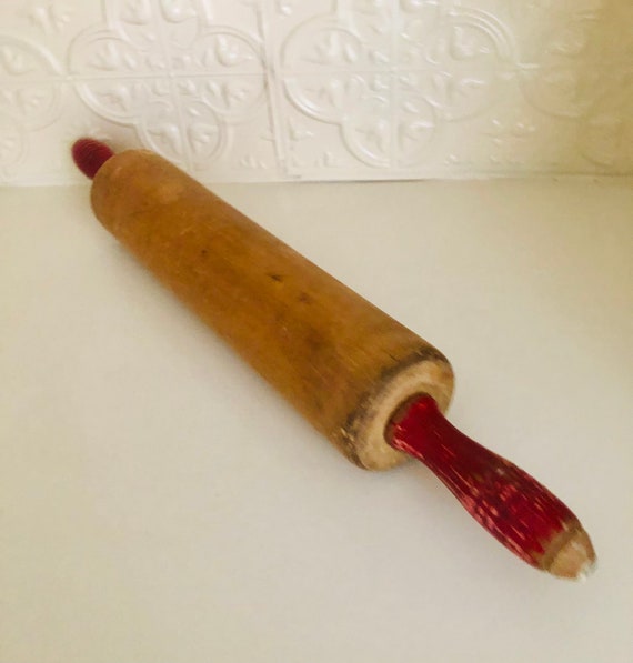 Vintage Wooden Rolling Pin Red Handles Etsy