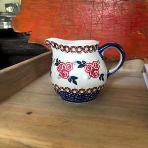 Vintage Manufaktura Polish Pottery Creamer Hand Painted Coral Roses Small Pitcher Made in Portugal in Bolesławiec