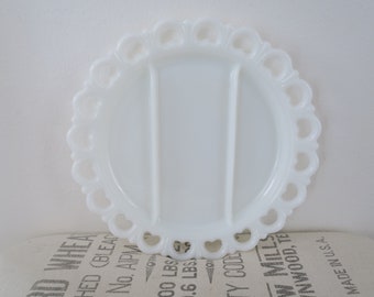 Vintage White Milk Glass Large Round Divided Serving Tray Platter