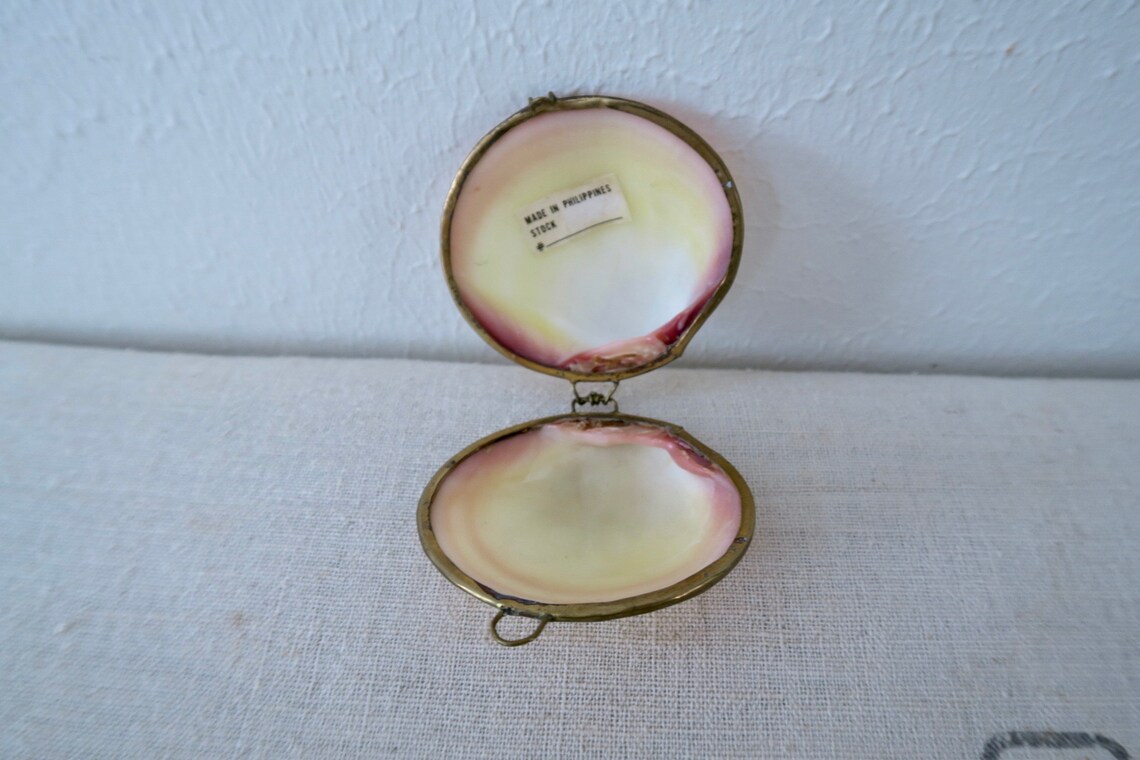 Vintage Oyster Clam Shell Trinket Box Brass Accents With Clasp Etsy