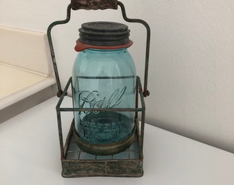 Vintage Blue Old Ball Mason Jar in Metal Carrier