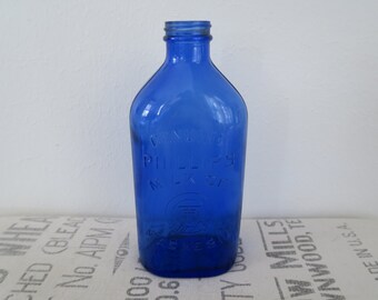 Vintage Large Cobalt Blue Glass Genuine Phillips Milk of Magnesia Bottle Embossed