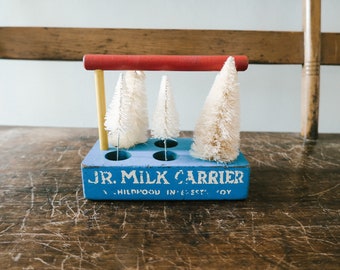 Vintage Jr. Milk Carrier Wood Toy Box with Distressed Off-White Bottle Brush Tree Christmas Decor