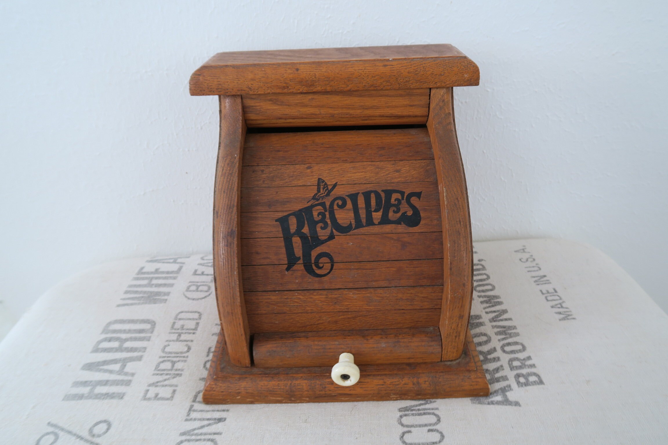 Vintage Wooden Roll Top Recipe Index Card Holder Box Etsy