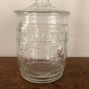 Vintage Clear Glass Barrel Planters Running Mr. Peanut Cookie Jar Canister with Lid