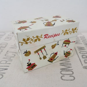 Vintage Red Yellow Black White Tin Metal Recipe File Box