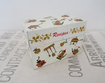 Vintage Red Yellow Black White Tin Metal Recipe File Box