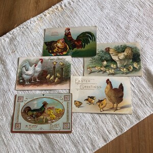 May include: Four vintage Easter postcards featuring chickens and chicks. The postcards have colorful illustrations and greetings like "Easter Greetings" and "A Happy Easter".