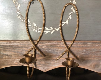 Vintage Gold Tone Twisted Rope Bow Metal Candlestick Wall Sconces Set of 2