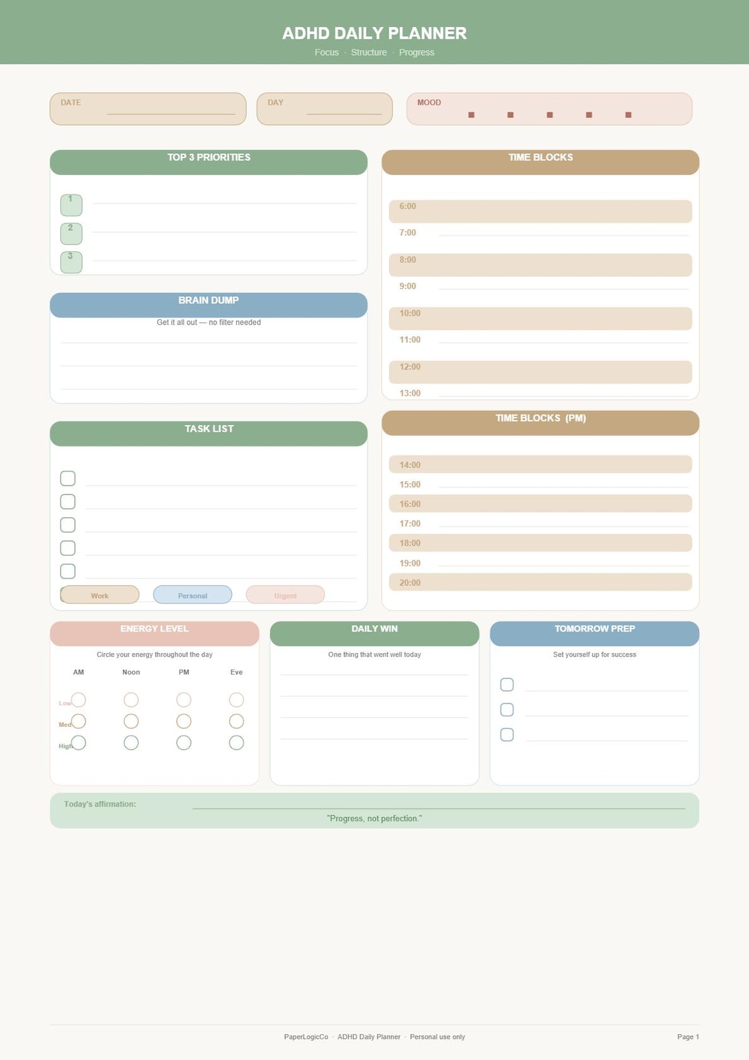 ADHD Daily Planner Printable | Focus Planner for Adults ...