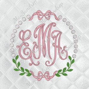 Perlen & Schleife Kreis Rahmen-Stickerei Design-Maschinenstickerei-Swag-Spucktuch-Baby-Bordüre-Mädchen-Band-Monogramm-Floral-Tücher-Girly-Blätter