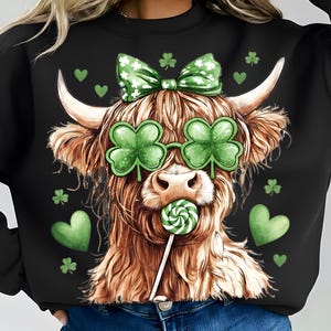 Highland Cow St. Patrick's Day PNG, Shamrock Glasses, Clover Bow (Digital Download)