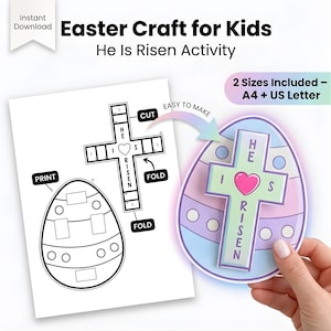 Manualidad de Pascua con huevo: ¡Él ha resucitado! Cruz desplegable 3D y huevo para imprimir, ideal para niños, actividades para la escuela dominical y manualidades religiosas en formato A4 (tamaño carta estadounidense).