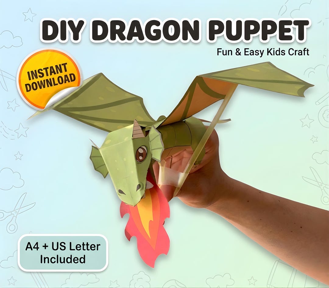 DIY Paper Dragon Puppet Template, Printable Dragon Craft Kit for Kids ...