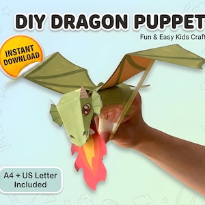 May include: A green and orange DIY dragon puppet with the text "DIY DRAGON PUPPET" and "Fun & Easy Kids Craft". The dragon has outstretched wings and a paper flame. The image also includes the text "Instant Download" and "A4 + US Letter Included".