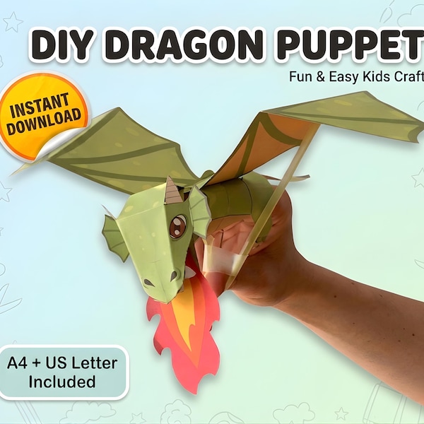 DIY Paper Dragon Puppet Template, Printable Dragon Craft Kit for Kids, Digital Download PDF Dragon Puppet Pattern, Hand Puppet Paper Toy