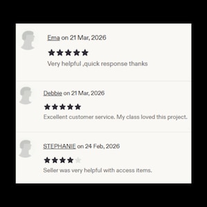 May include: Image of customer reviews with star ratings and text. Ema's review says "Very helpful, quick response thanks." Debbie's review says "Excellent customer service. My class loved this project." Stephanie's review says "Seller was very helpful with access items."