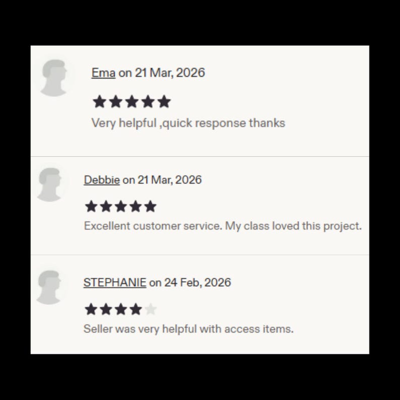 May include: Image of customer reviews with star ratings and text. Ema's review says "Very helpful, quick response thanks." Debbie's review says "Excellent customer service. My class loved this project." Stephanie's review says "Seller was very helpful with access items."
