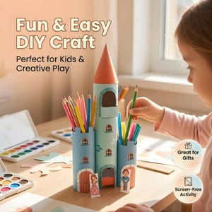 May include: A castle-shaped pencil holder made from cardboard tubes, with a light blue body and a red-orange roof. The castle holds colourful pencils and markers. The text "Fun & Easy DIY Craft" is visible. A fun DIY craft project.