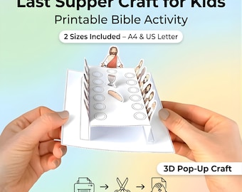 Créations 3D La Cène pour enfants, histoire biblique à imprimer, leçon d'école du dimanche, travaux manuels de première communion, jouet chrétien en papier à faire soi-même