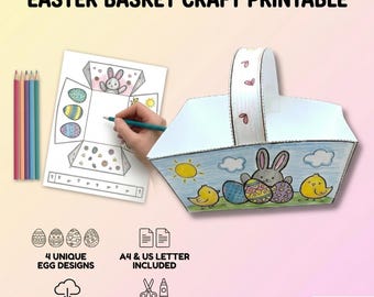 Easter Eggs Basket Craft for Kids, Easter Coloring Activity, DIY Paper Basket Template with 4 Paper Eggs, A4 & US Letter Digital Download