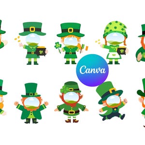 May include: A collection of cartoon leprechauns in green outfits and hats, some holding gold coins, pots of gold, shamrocks, and the Irish flag. Each leprechaun wears a face mask. The Canva logo is in the center.