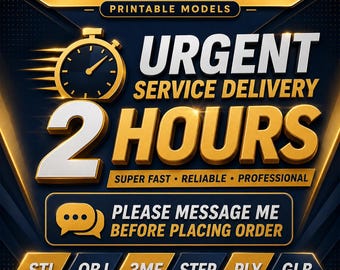 May include: A digital graphic for custom 3D printable models featuring a gold stopwatch icon and bold text reading CUSTOM 3D PRINTABLE MODELS, URGENT SERVICE DELIVERY 2 HOURS, SUPER FAST, RELIABLE, PROFESSIONAL, PLEASE MESSAGE ME BEFORE PLACING ORDER, STL, OBJ, 3MF, STEP, PLY, GLB.