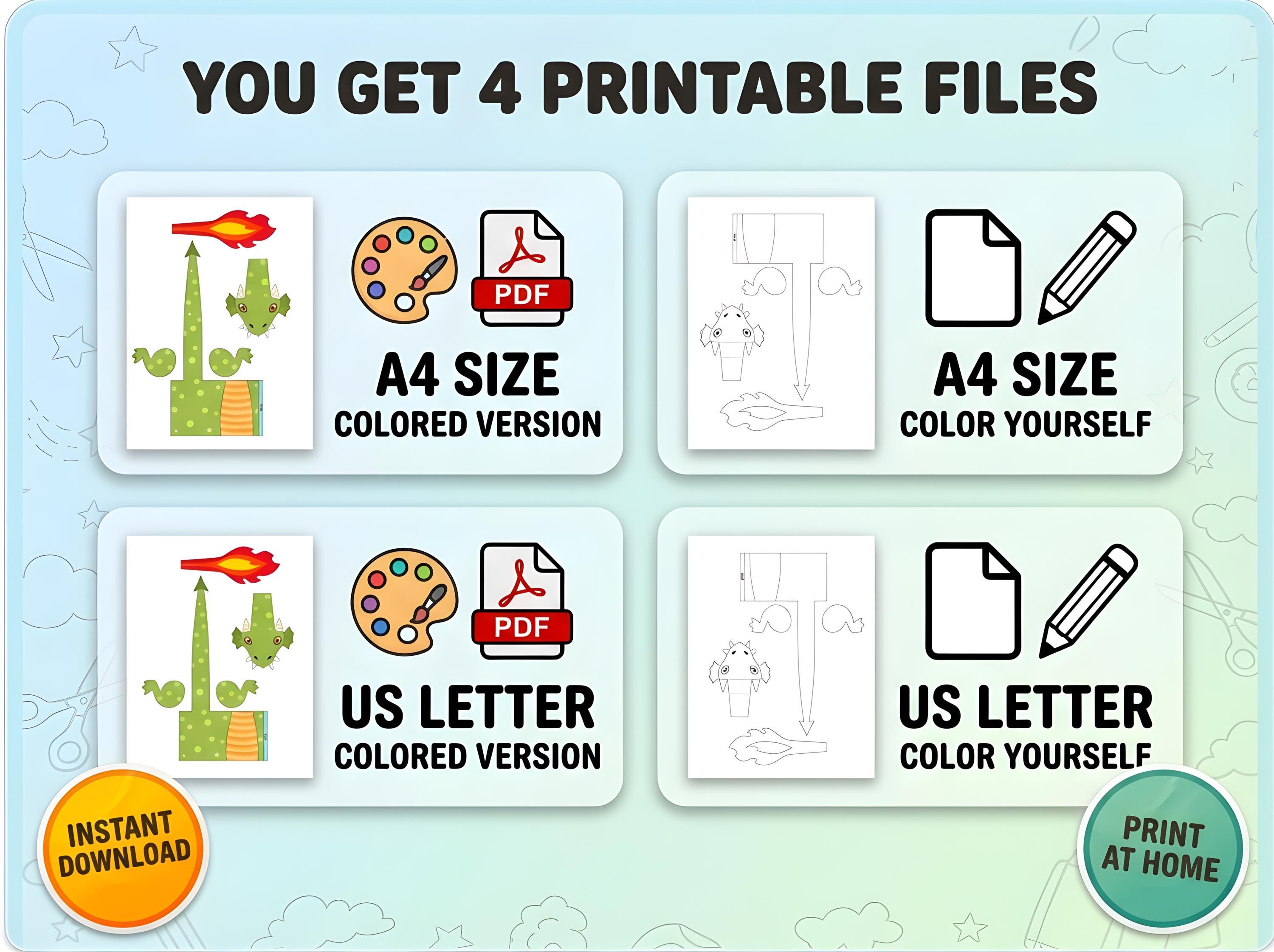 DIY Paper Dragon Puppet Template, Printable Dragon Craft Kit for Kids ...