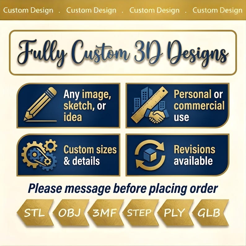 May include: A graphic with the text "Fully Custom 3D Designs" and icons representing design services. Includes options for any image, sketch, or idea, personal or commercial use, custom sizes, and revisions. File formats include STL, OBJ, 3MF, STEP, PLY, and GLB.