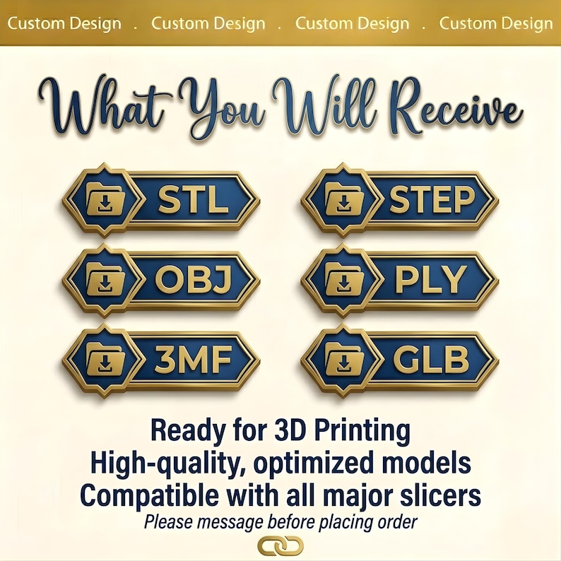May include: A graphic with the text "What You Will Receive" and file type icons for 3D printing. The icons are blue with gold trim and include STL, STEP, OBJ, PLY, 3MF, and GLB. Text below states "Ready for 3D Printing."