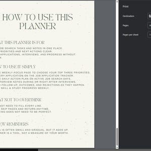 May include: A digital print of a planner page with instructions. The text details the planner's purpose, usage, and reminders. Print settings are visible on the right. Measurements are not applicable.