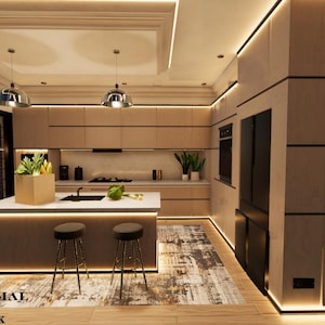 May include: A modern minimalist kitchen design featuring light wood cabinetry, a central island with stools, and recessed lighting. The kitchen includes a black refrigerator, oven, and a display cabinet. The floor has a patterned rug.