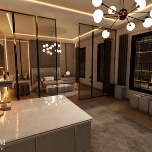 Peut inclure: Intérieur de chambre parentale moderne avec une palette de couleurs neutres. La pièce comprend un grand lit, un coin salon et une coiffeuse. La pièce est bien éclairée avec un lustre et un éclairage encastré. Le texte "MODERN MASTER BEDROOM DIGITAL INTERIOR PACK" est visible.