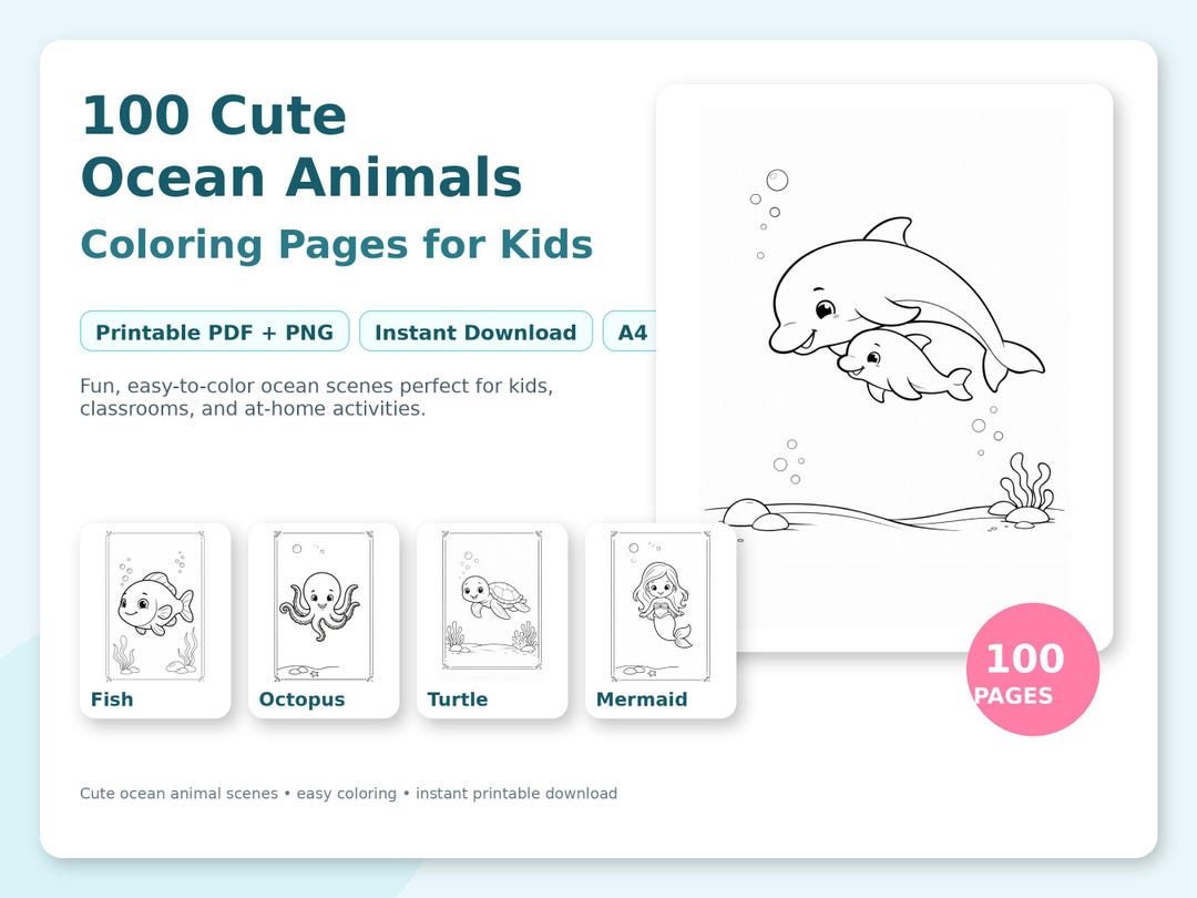 100 Ocean Animals Coloring Pages for Kids | Printable PDF + PNG ...