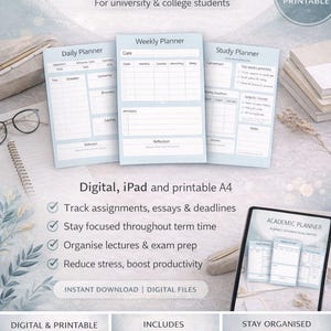 May include: Digital and printable academic planner bundle for students. Includes daily, weekly, and study planners. A4 format. Features include assignment tracking, deadline management, and organization for lectures and exam prep. Instant download.