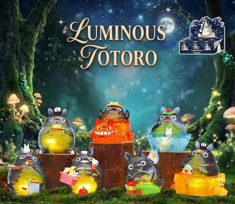 May include: A collection of luminous Totoro figurines in various poses, illuminated from within. The figurines are set against a whimsical forest backdrop with mushrooms and a starry night sky. The text "Luminous Totoro" is displayed at the top.