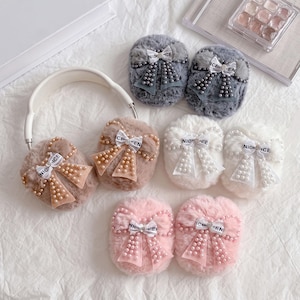 Faux Fur Pearl Bow Ear Cup Covers for AirPods Max and AirPods Max 2, PC Headphone Shells