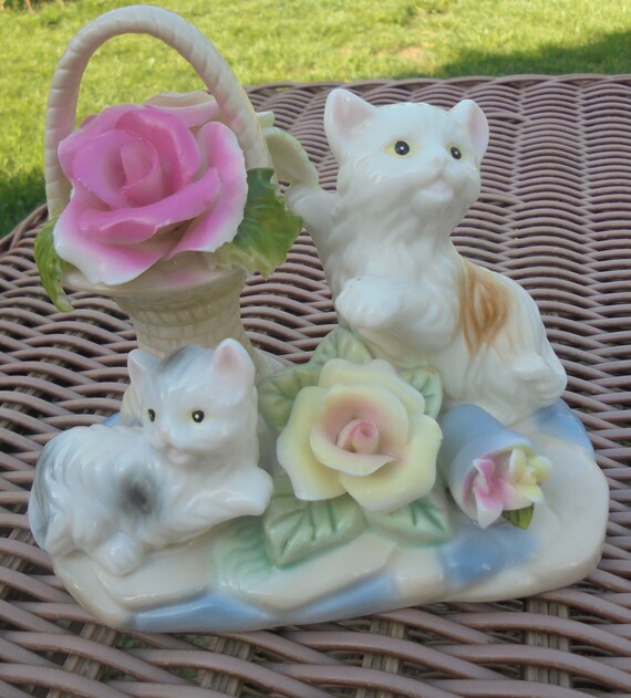 Kitten Figurine With Flowers and Basket