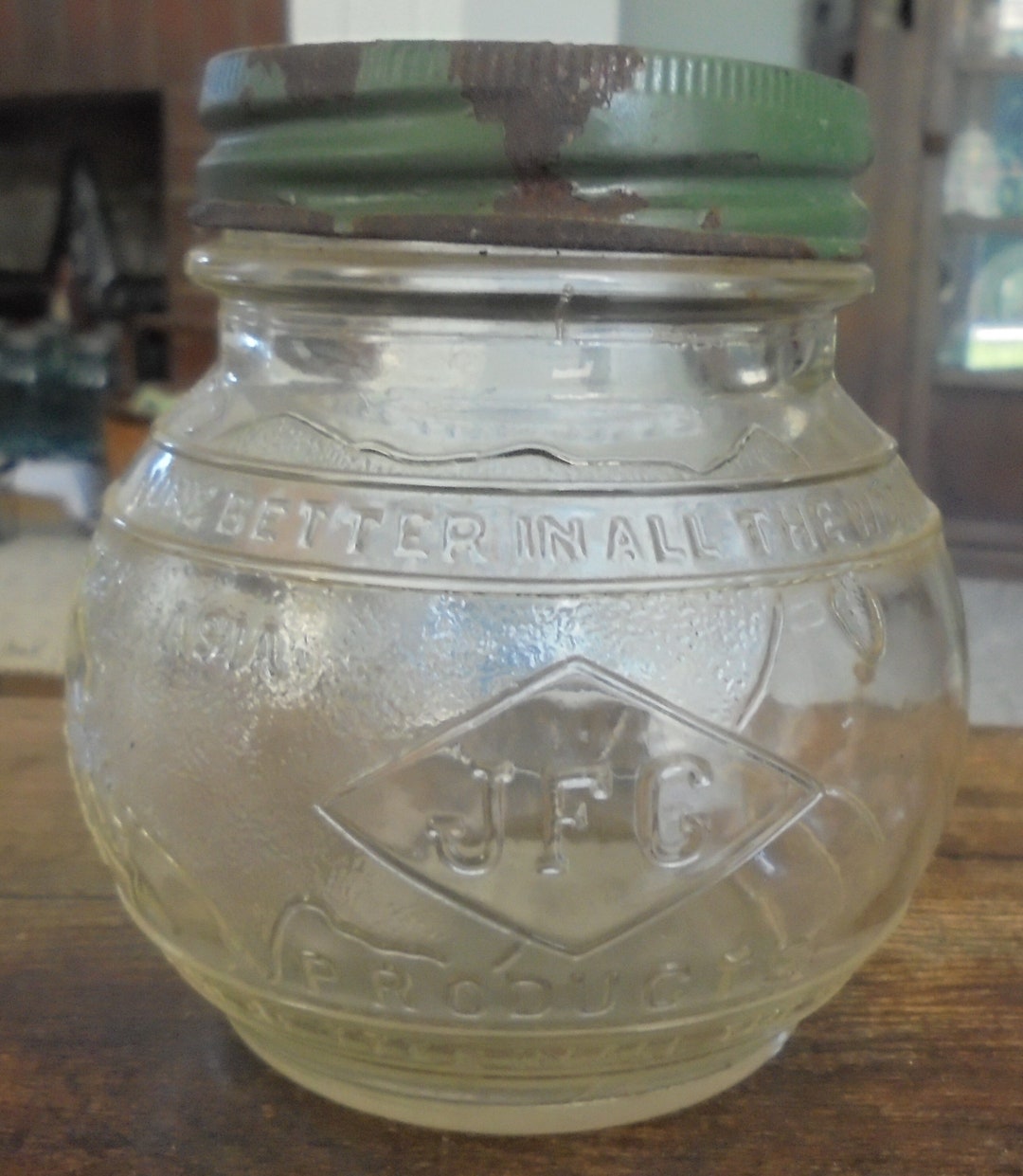 Antique JFG Peanut Butter 1 LB Jar Galvanized Mason Top Best in the