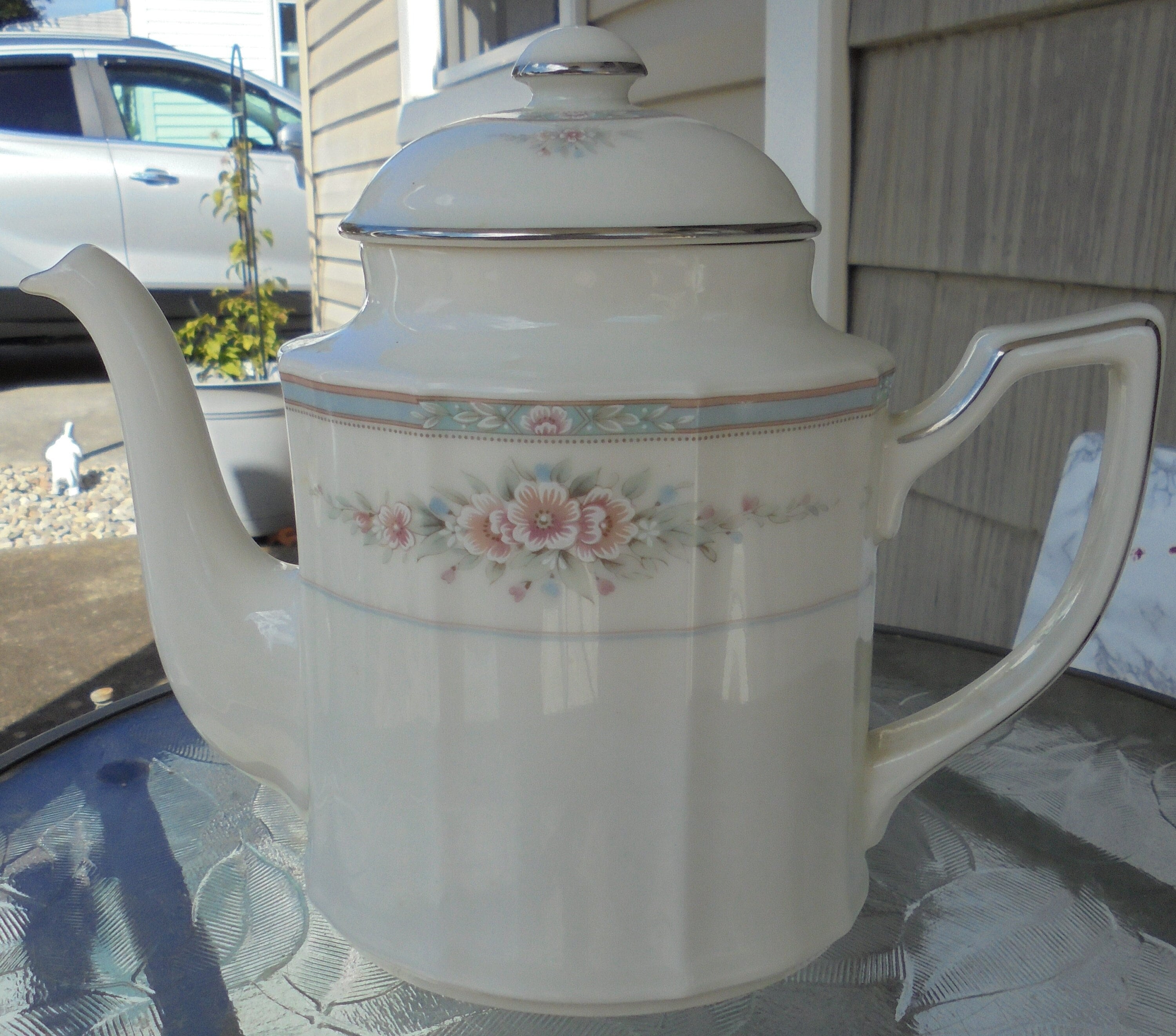 Vintage Noritake Rothschild Teapot, Ivory With Silver Trim, Blue