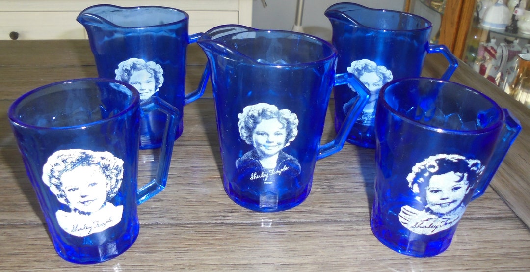 Shirley Temple Vintage Cobalt Blue Depression 3 Pitchers or Creamers