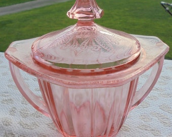 Vintage Pink Depression Glass Sugar Bowl with Lid