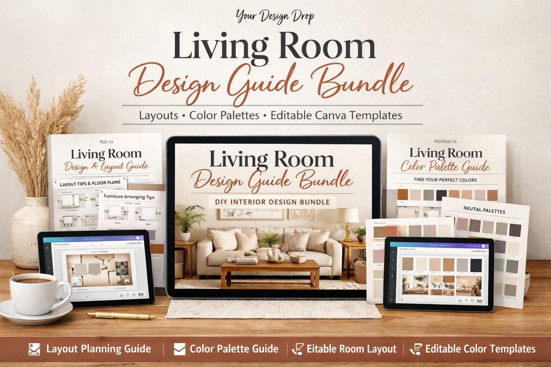 Living Room Design Guide Bundle | Layout, Color Palette, Canva ...