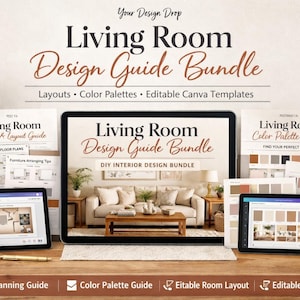 May include: A promotional image for a living room design guide bundle. The image features a large tablet displaying a living room scene, surrounded by smaller tablets, books, and color palettes. The text on the image reads "Living Room Design Guide Bundle".