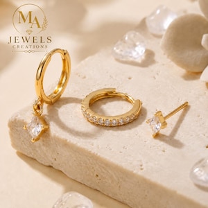 18K Gold Filled 3PCS Earring Set, Dainty Huggie Hoop Set, Minimalist Gold Ear Stack, CZ Drop Earrings, Casual Daily Jewelry Accessories