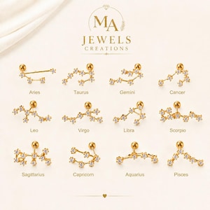 Può includere: Una collezione di dodici orecchini a lobo dorati, ognuno con un design a costellazione unico incastonato con piccole pietre chiare. Il testo MA JEWELS CREATIONS è visualizzato in alto, con i nomi dei dodici segni zodiacali elencati sotto.