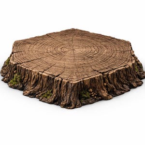 May include: A detailed, brown, square-shaped tree stump with visible growth rings and textured bark. The edges of the stump have small patches of green moss. The stump is a natural, rustic element.